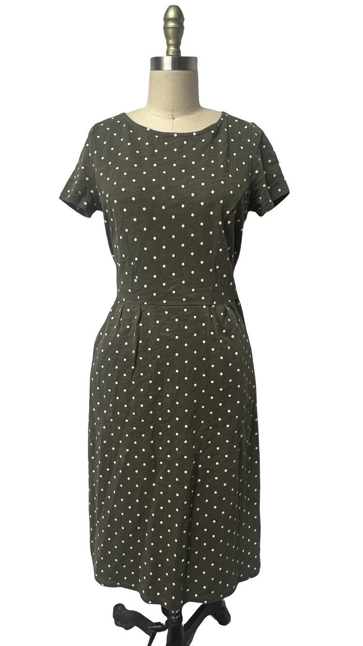 Boden PHOEBE Olive Polka Dot Cotton T-Shirt Dress WOMEN 6L COMFORT TRAVEL